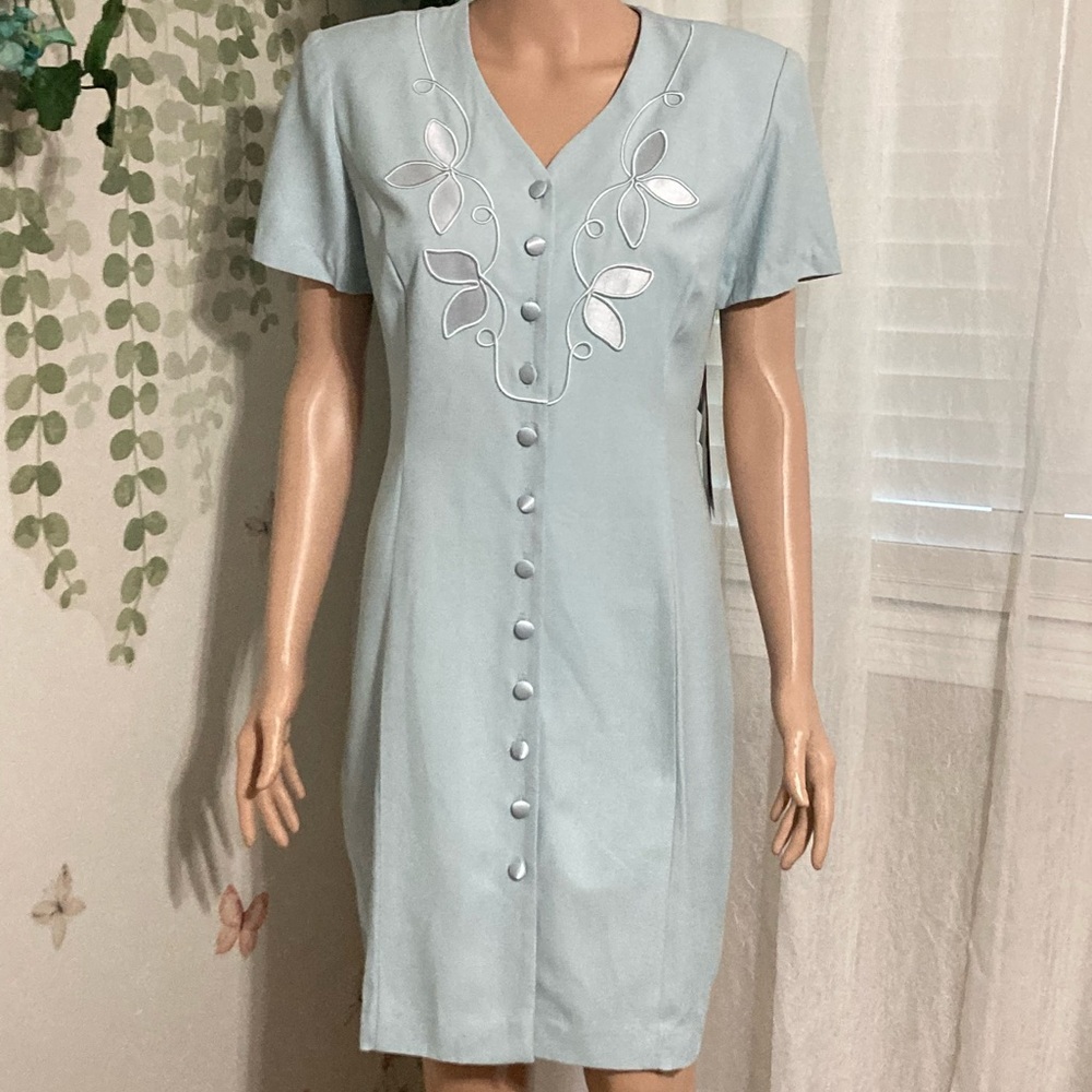 Sz 12P NWT 1990s Dawn Joy Fashions Blue Embroidered Dress
